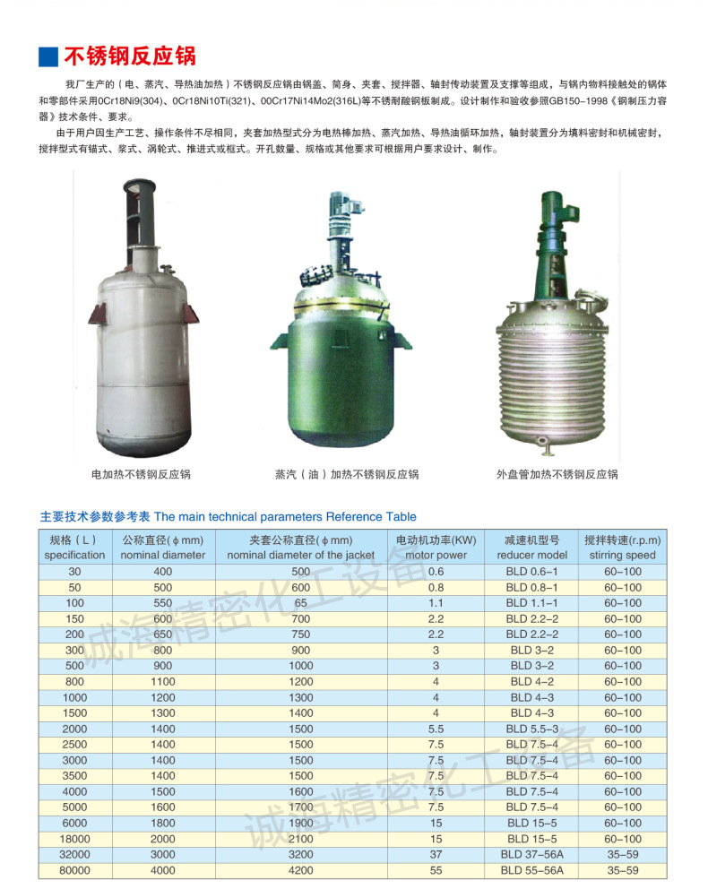 內(nèi)盤管反應釜規(guī)格參數(shù)表